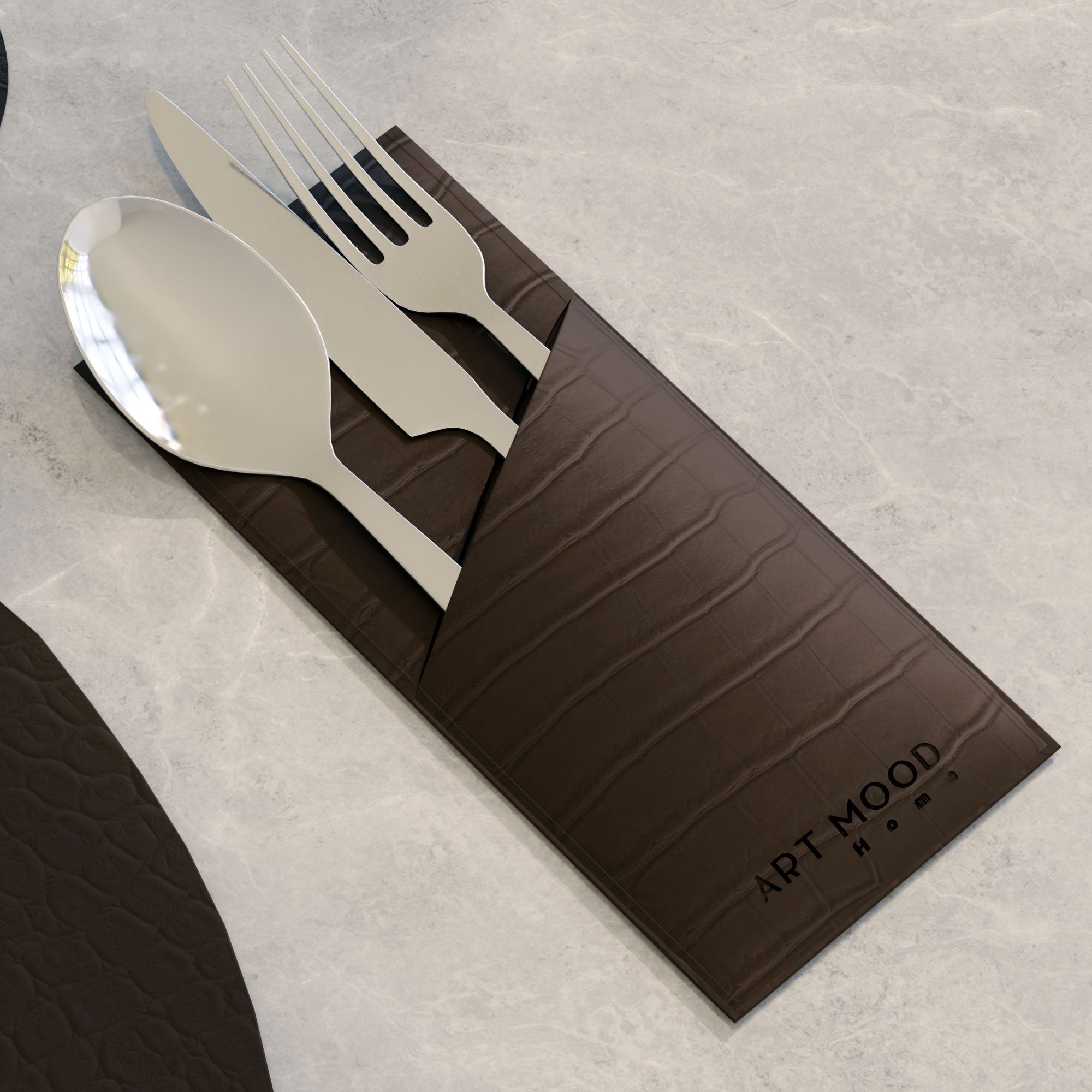 قواعد اطباق من الجلد + حامل معالق و شوك + كوسترات - بني