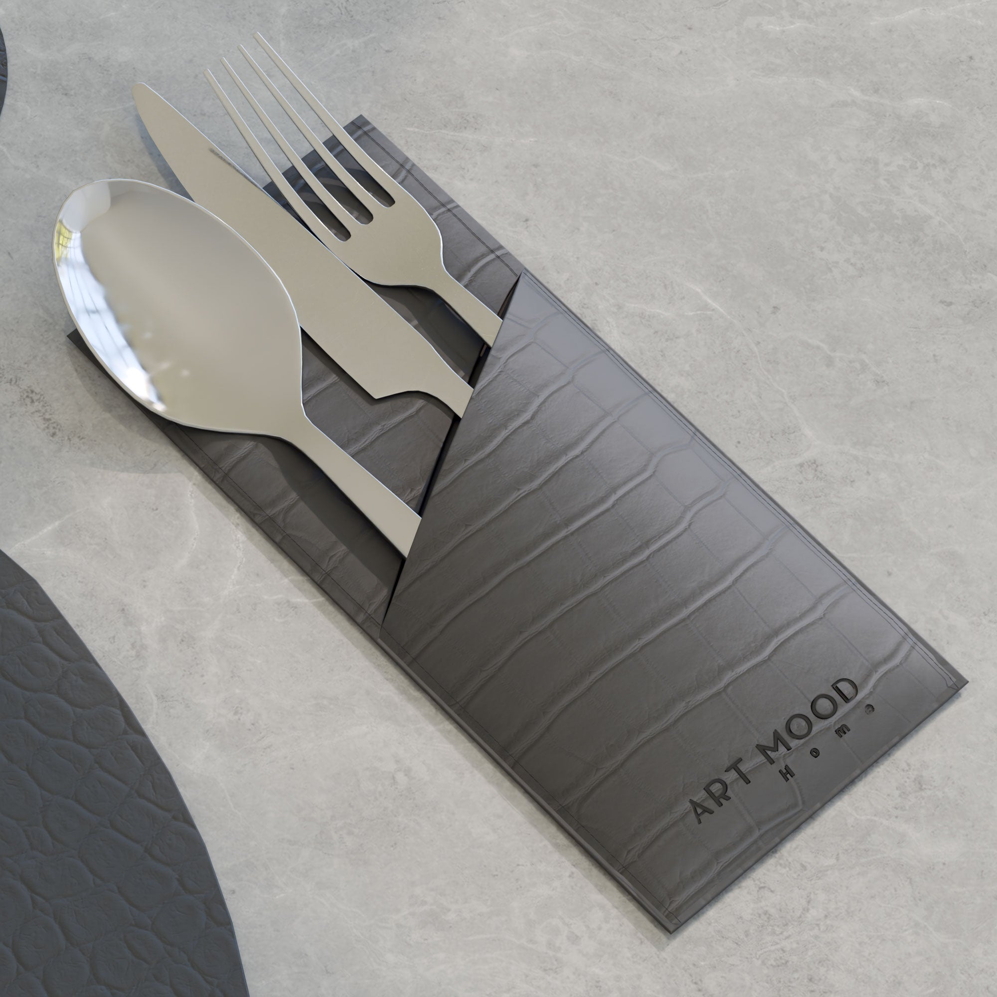 قواعد اطباق من الجلد + حامل معالق و شوك + كوسترات - رمادي