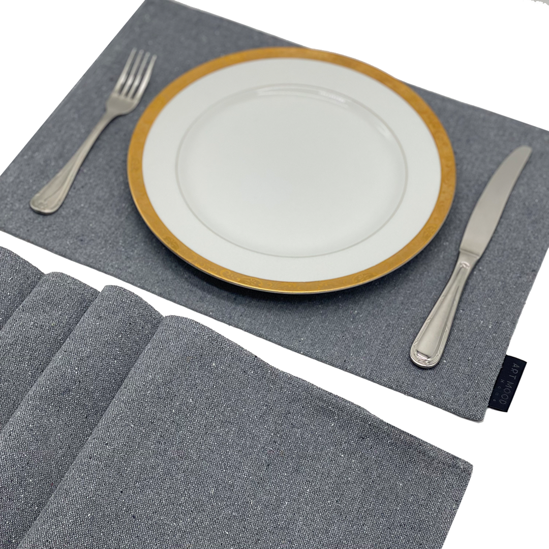 Ensemble de sets de table et chemin de table en coton - Gris clair