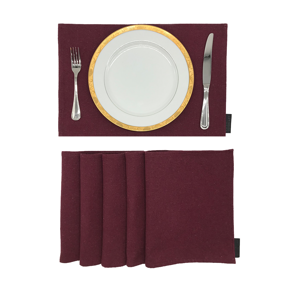 Ensemble de sets de table et chemin de table en coton - Rouge foncé