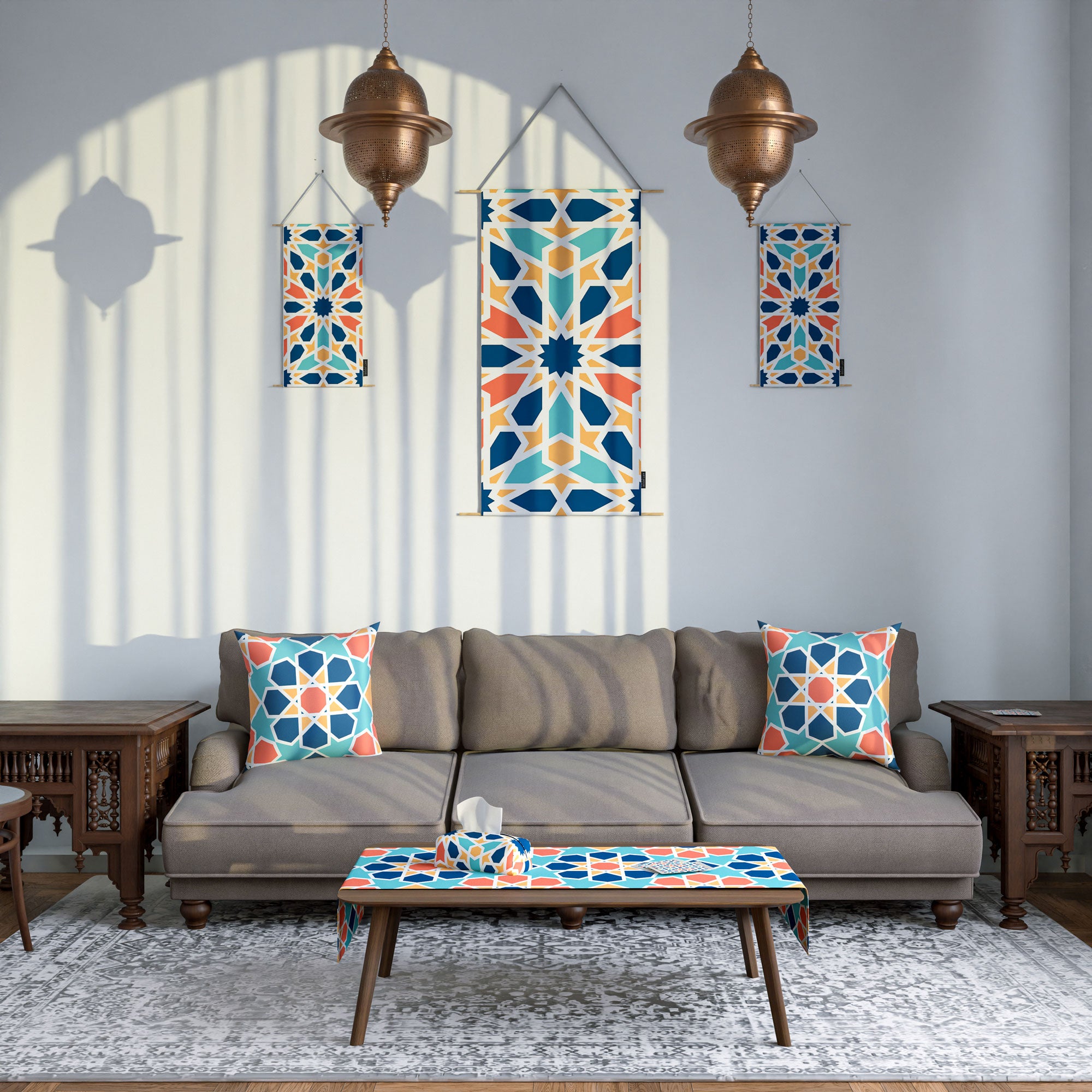 Arabesque ( Runner + 2 Cushion Cover + 4 Coasters + 3 Fabric Posters + Tissue Box) Bundle