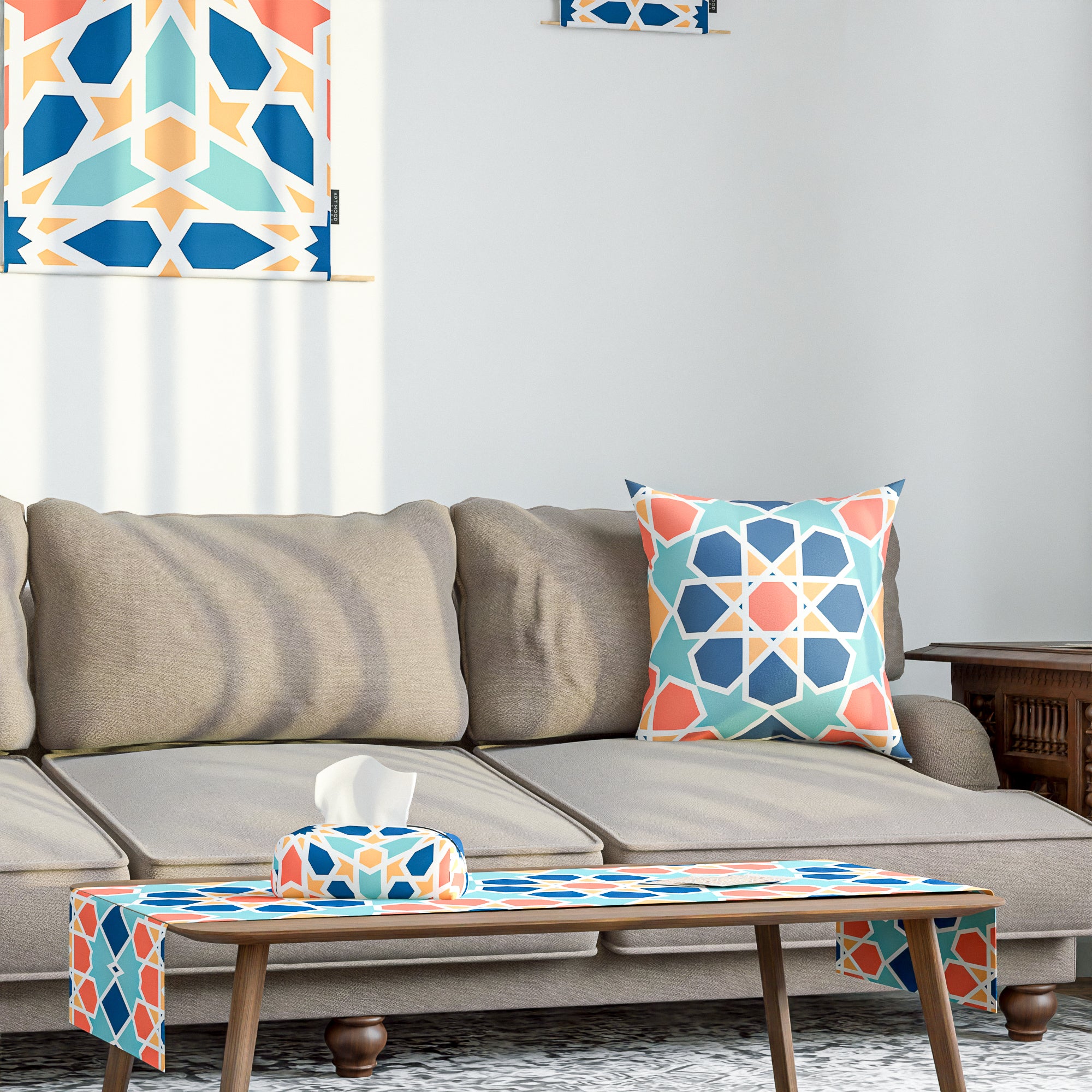 Arabesque ( Runner + 2 Cushion Cover + 4 Coasters + 3 Fabric Posters + Tissue Box) Bundle
