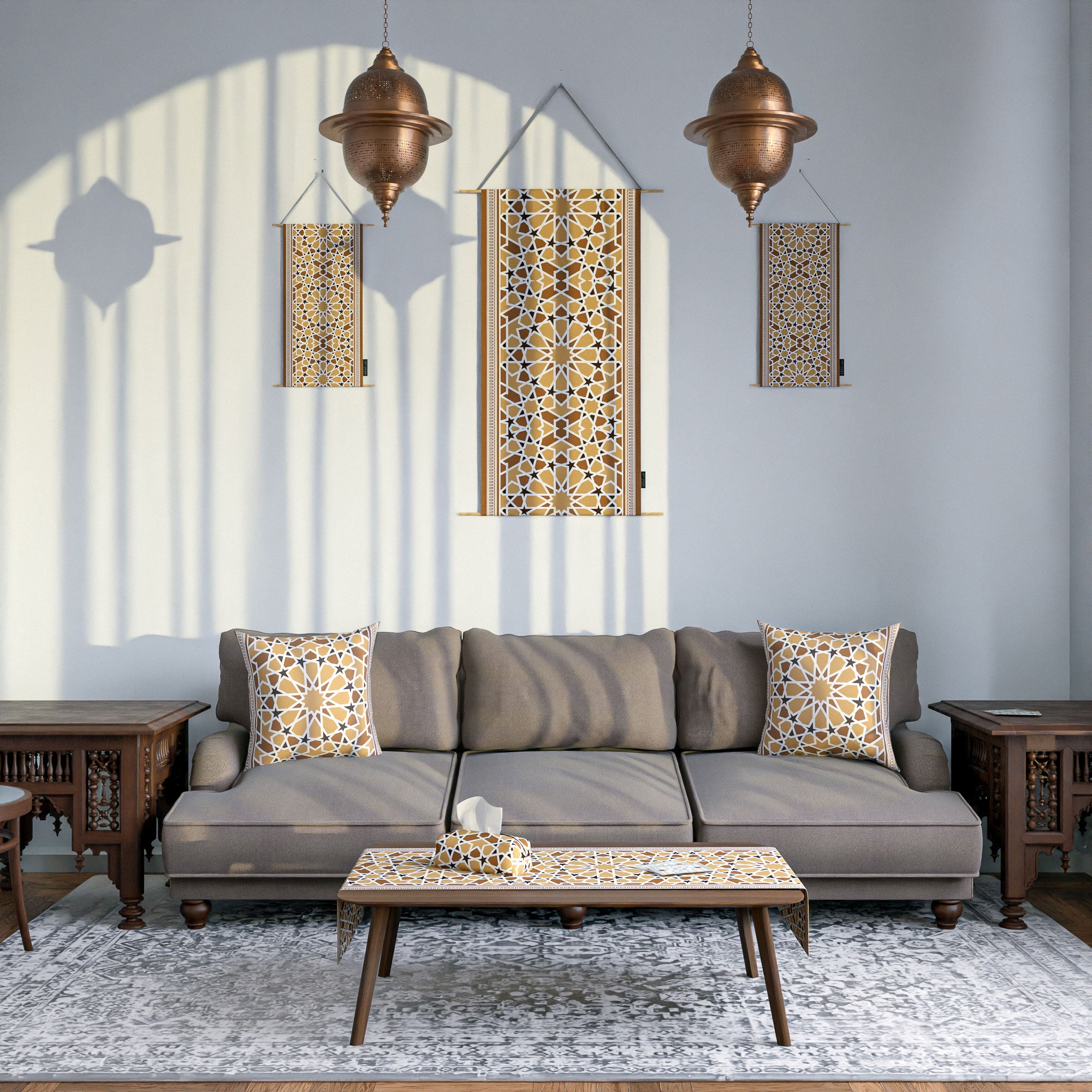 Asala ( Runner + 2 Cushion Cover + 4 Coasters + 3 Fabric Posters + Tissue Box) Bundle