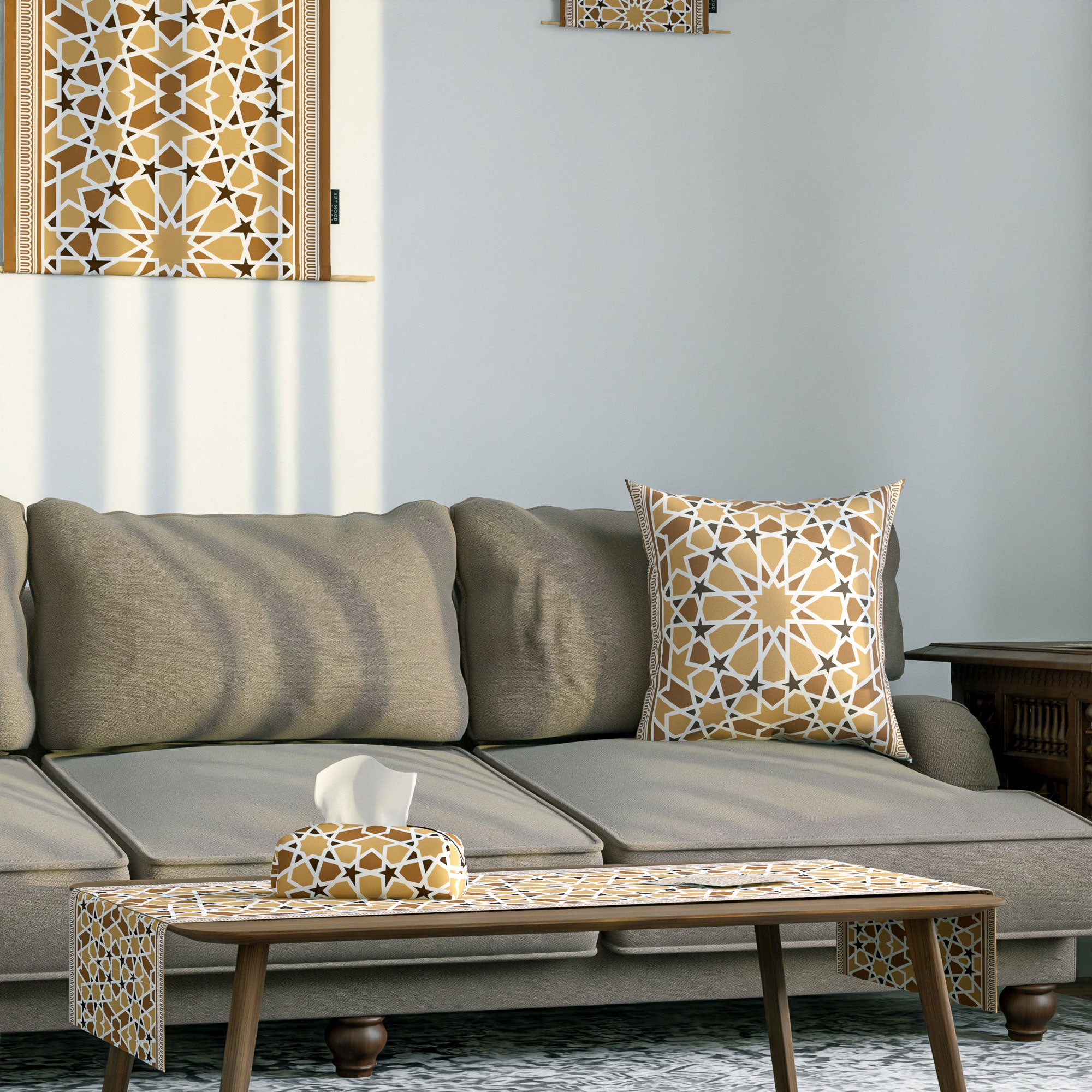 Asala ( Runner + 2 Cushion Cover + 4 Coasters + 3 Fabric Posters + Tissue Box) Bundle