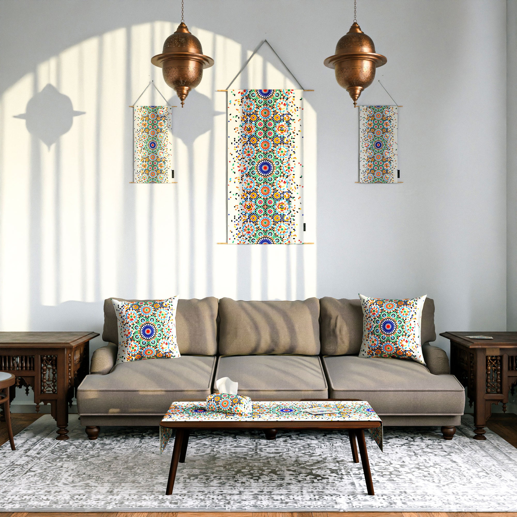 Bahja ( Runner + 2 Cushion Cover + 4 Coasters + 3 Fabric Posters + Tissue Box) Bundle