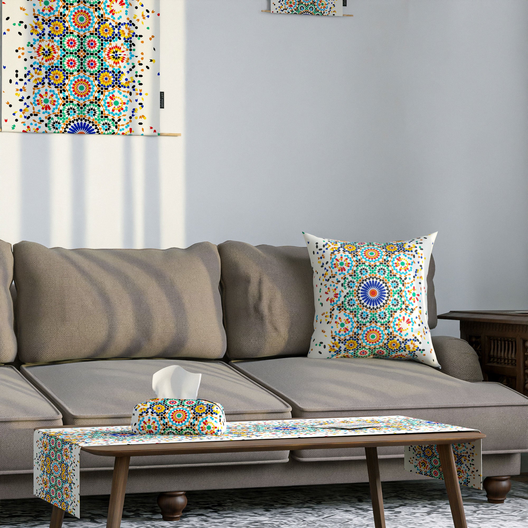 Bahja ( Runner + 2 Cushion Cover + 4 Coasters + 3 Fabric Posters + Tissue Box) Bundle