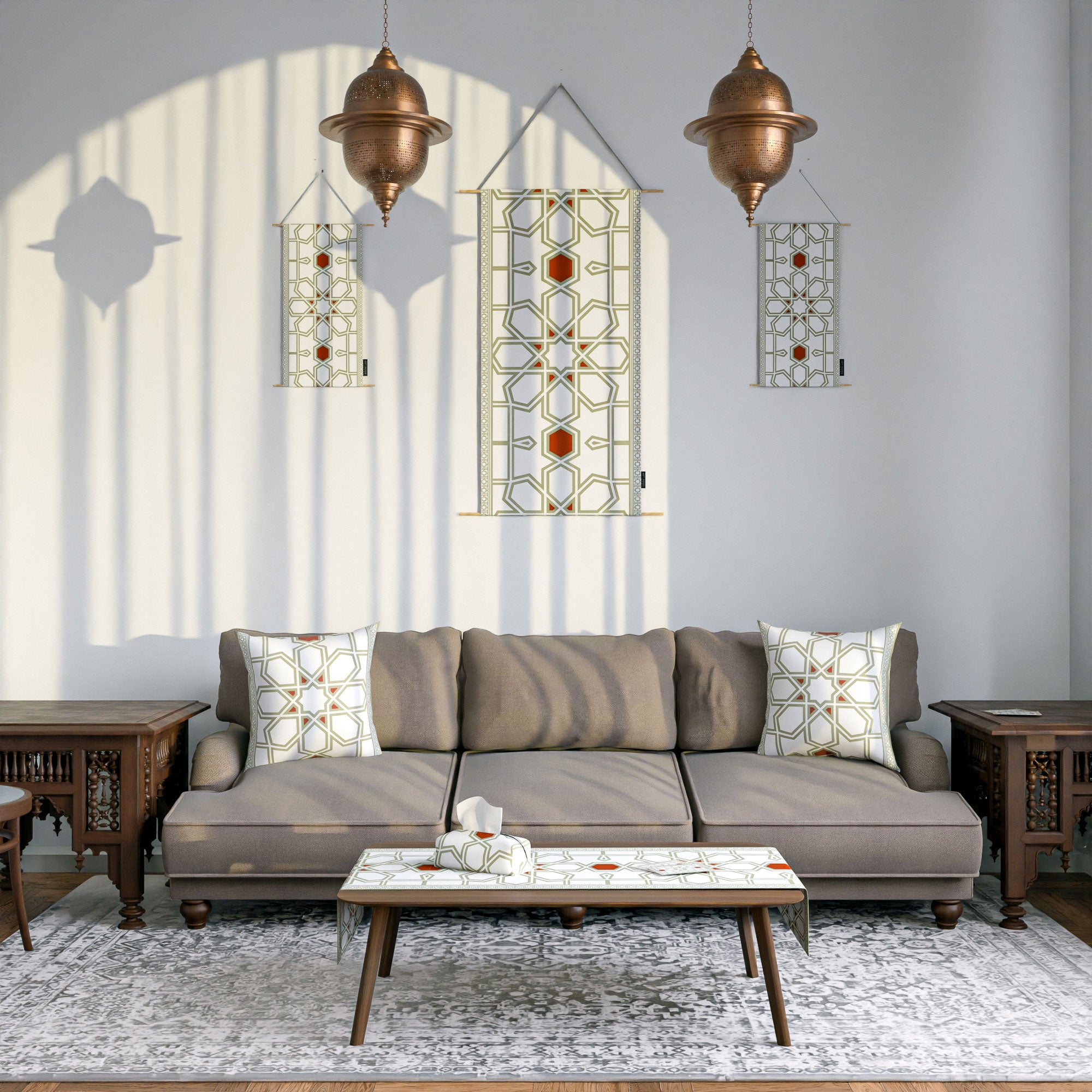 Nijma ( Runner + 2 Cushion Cover + 4 Coasters + 3 Fabric Posters + Tissue Box) Bundle