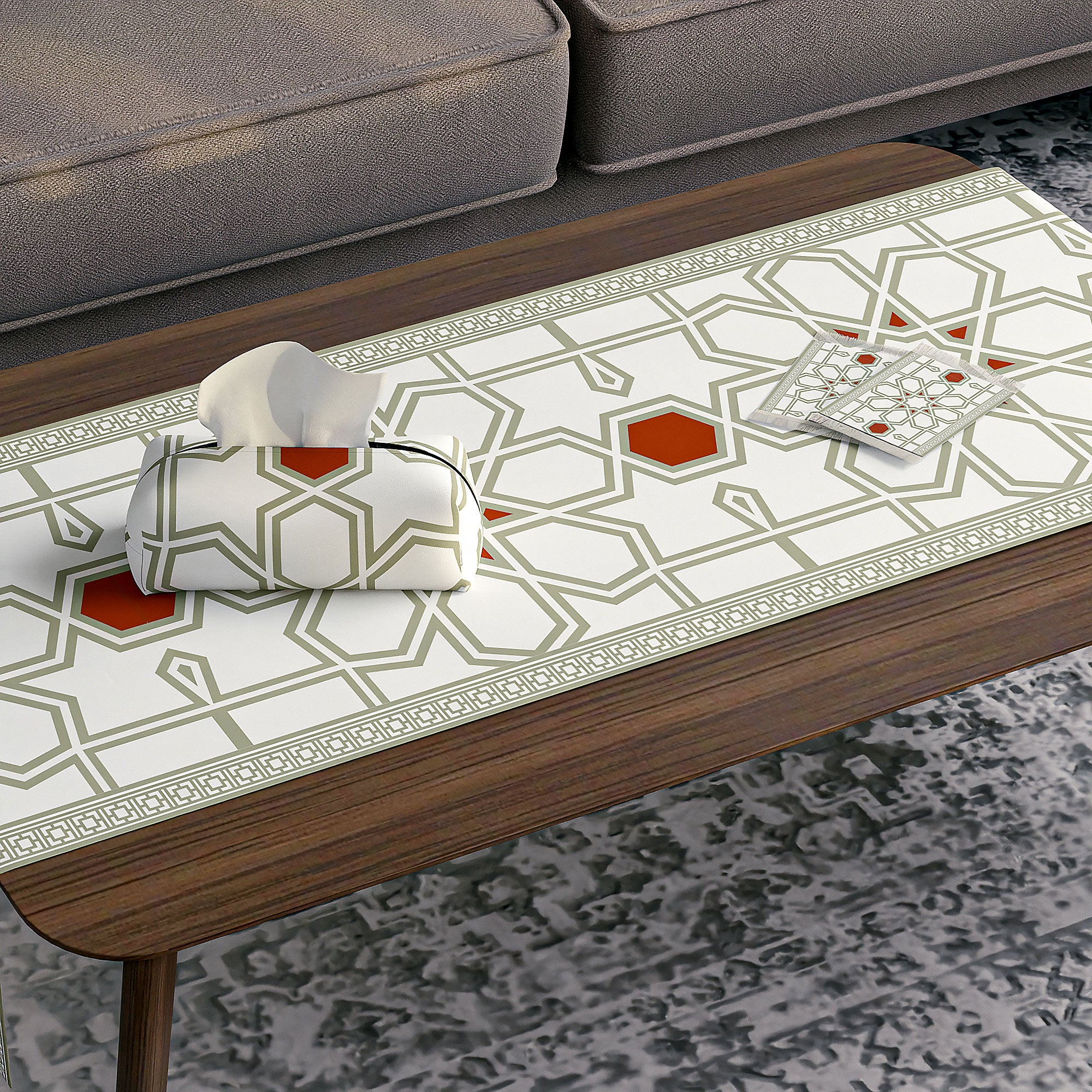 Nijma ( Runner + 2 Cushion Cover + 4 Coasters + 3 Fabric Posters + Tissue Box) Bundle