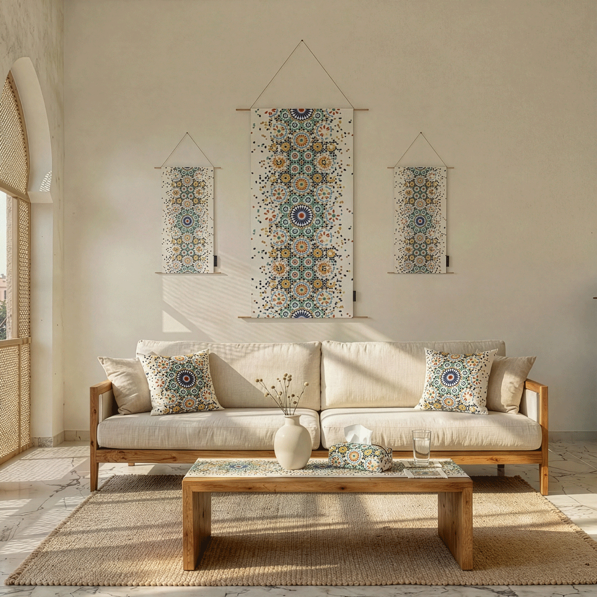 Bahja ( Runner + 2 Cushion Cover + 4 Coasters + 3 Fabric Posters + Tissue Box) Bundle