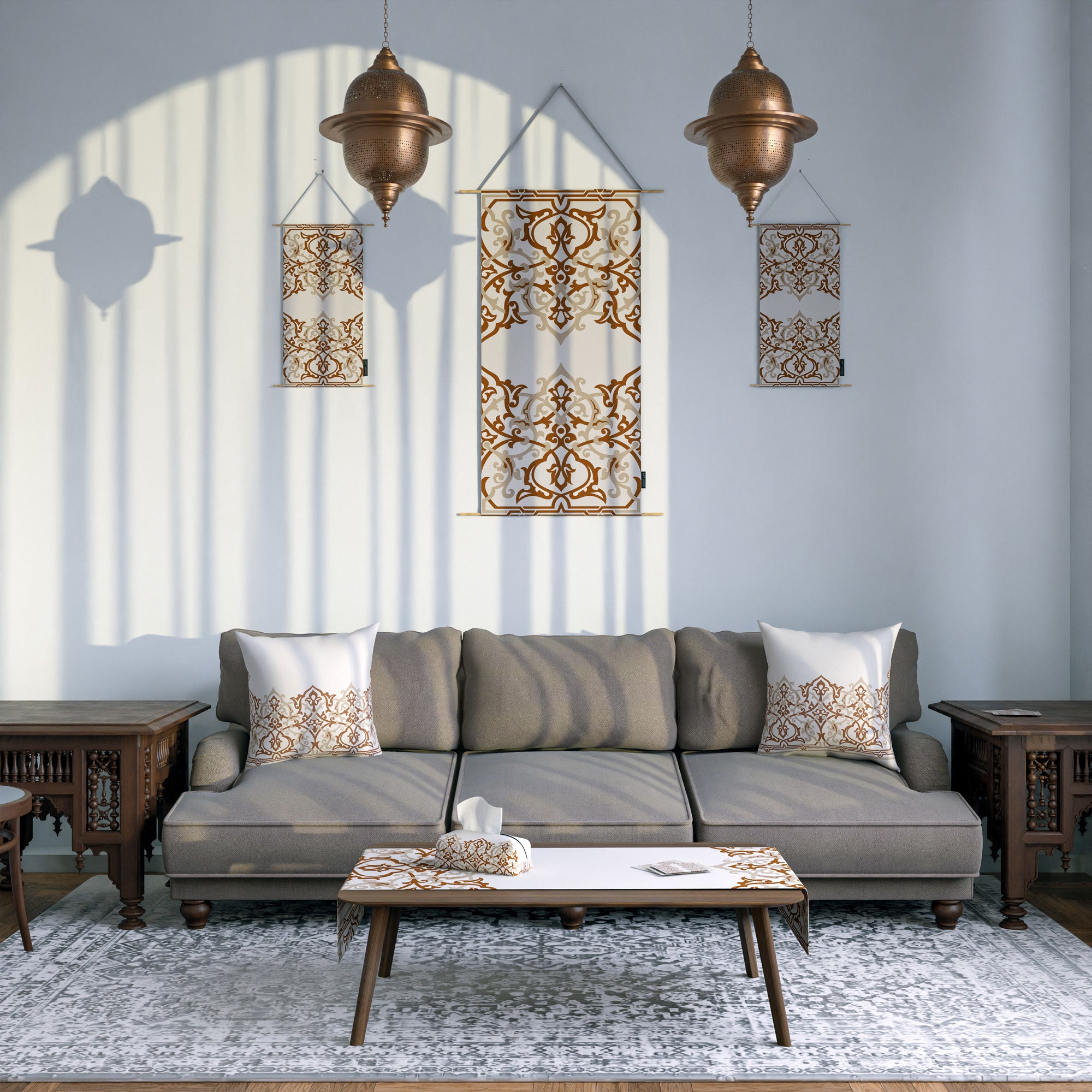 Atlas ( Runner + 2 Cushion Cover + 4 Coasters + 3 Fabric Posters + Tissue Box) Bundle