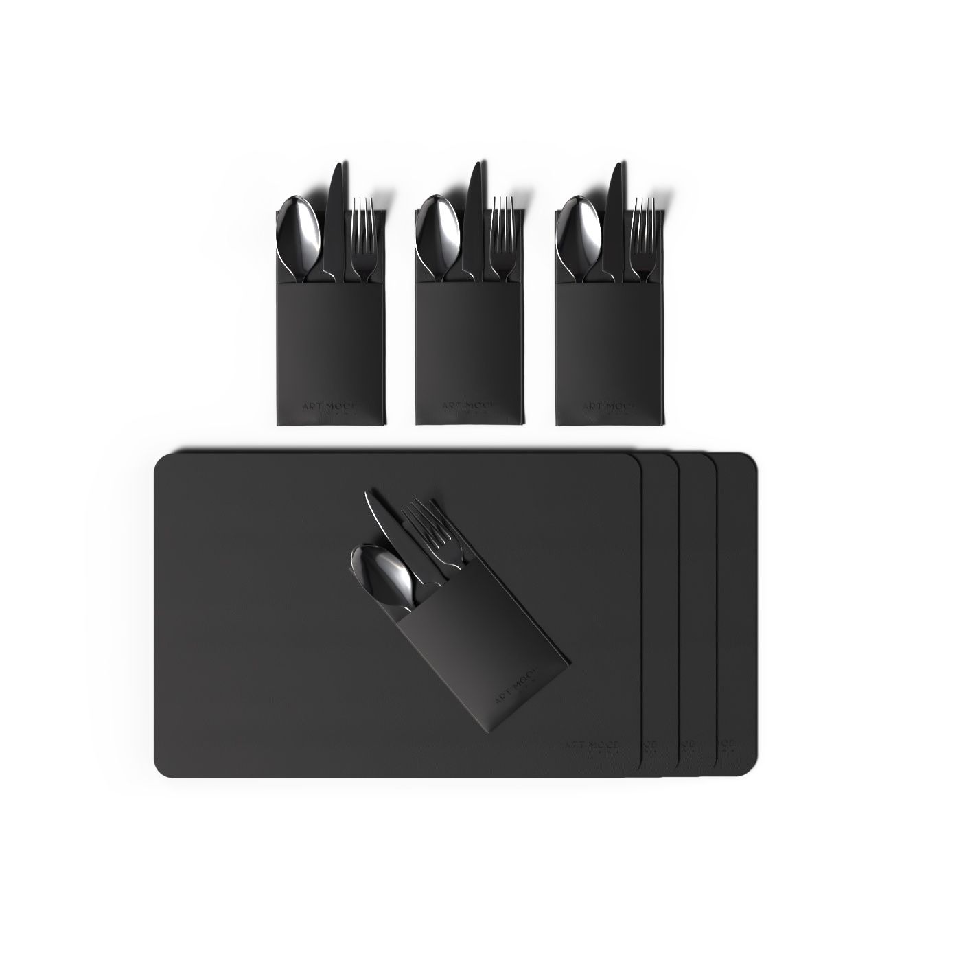 قواعد اطباق من الجلد مع حامل معالق و شوك - اسود