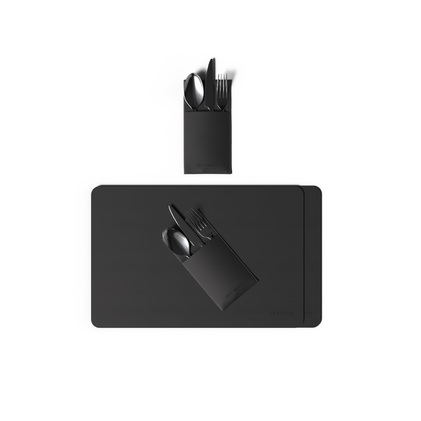 قواعد اطباق من الجلد مع حامل معالق و شوك - اسود