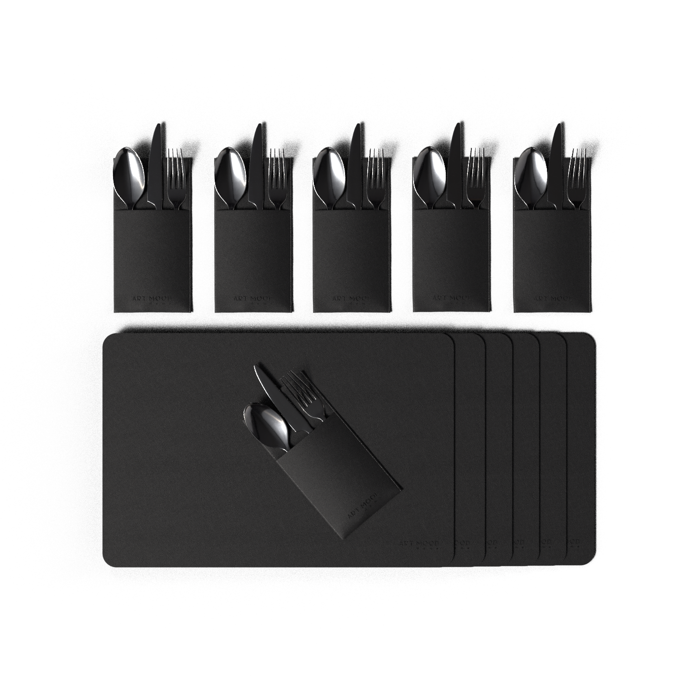 قواعد اطباق من الجلد مع حامل معالق و شوك - اسود