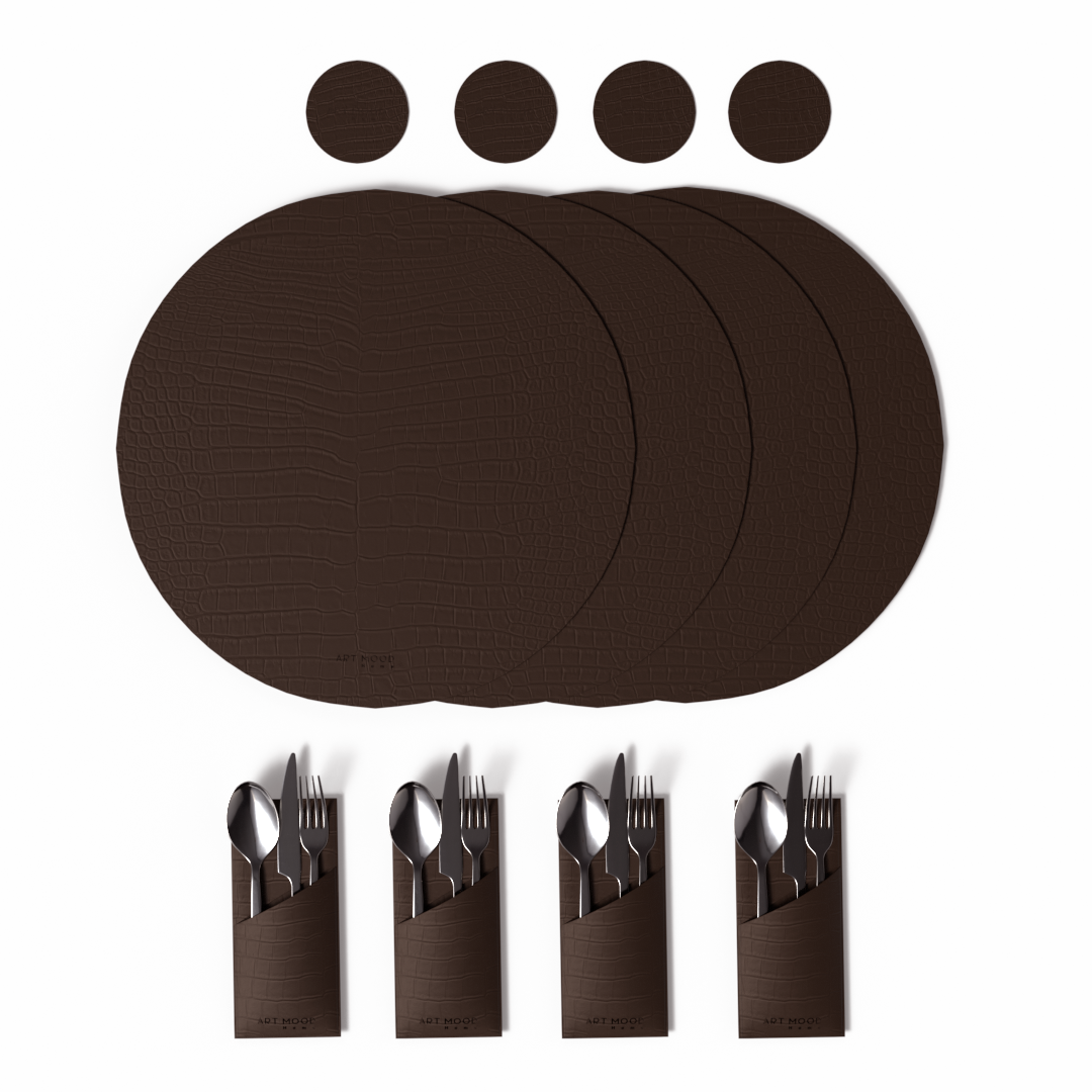 قواعد اطباق من الجلد + حامل معالق و شوك + كوسترات - بني