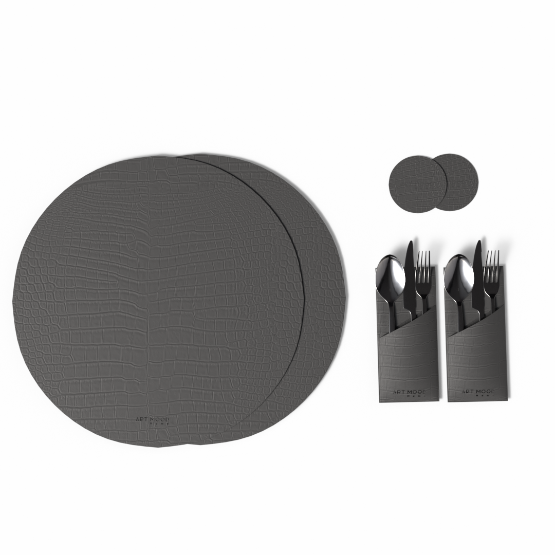 قواعد اطباق من الجلد + حامل معالق و شوك + كوسترات - رمادي