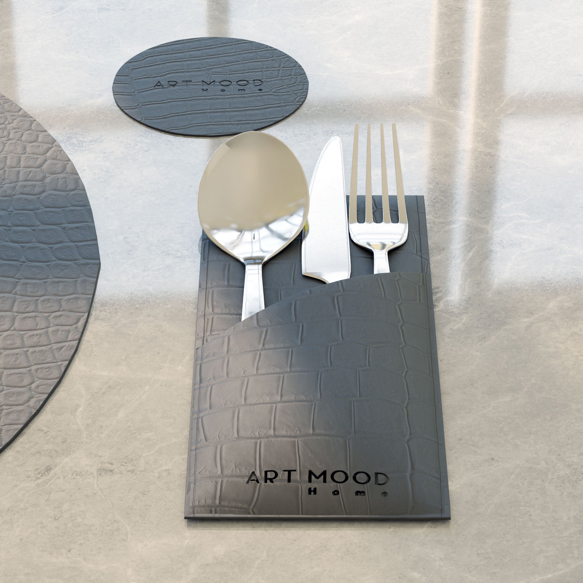 قواعد اطباق من الجلد + حامل معالق و شوك + كوسترات - رمادي