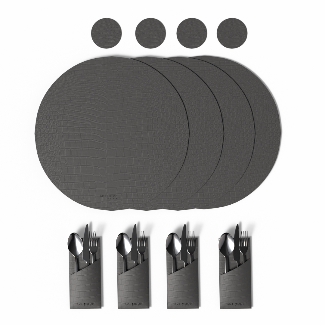 قواعد اطباق من الجلد + حامل معالق و شوك + كوسترات - رمادي