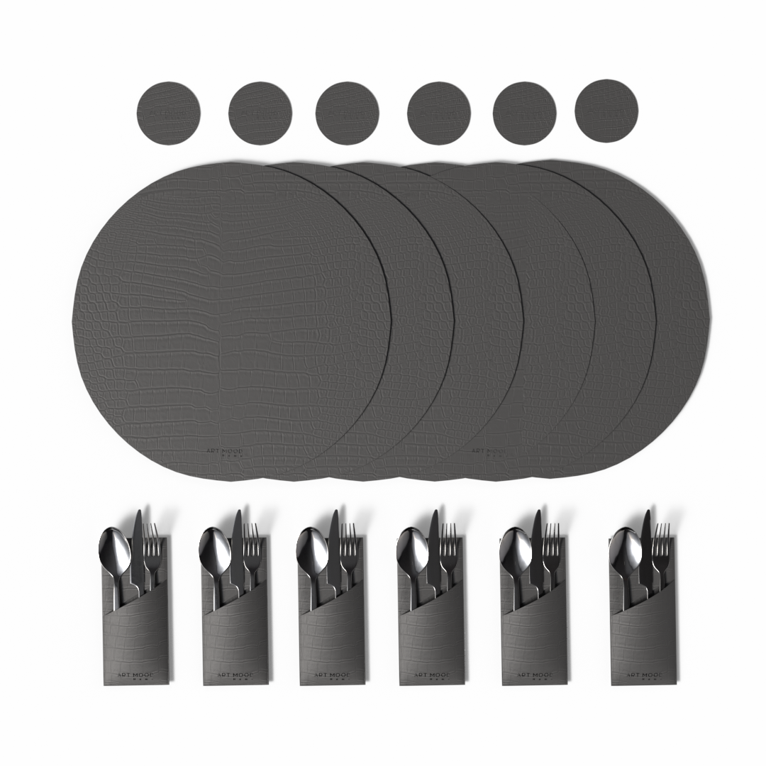 قواعد اطباق من الجلد + حامل معالق و شوك + كوسترات - رمادي