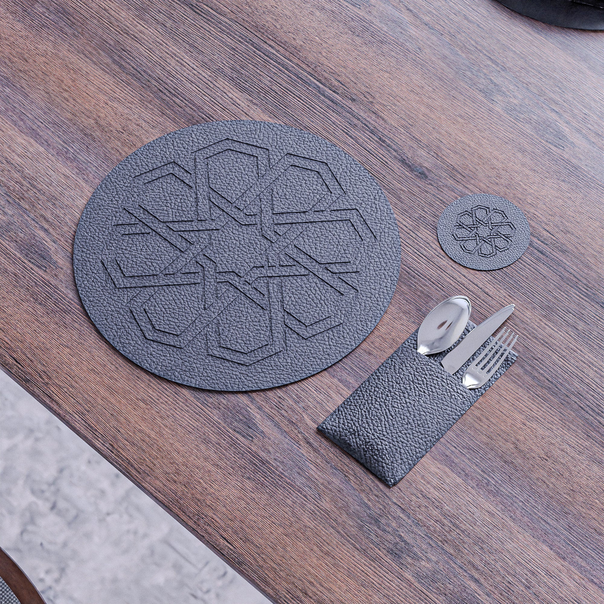 قواعد اطباق من الجلد + حامل معالق و شوك + كوسترات - اسود