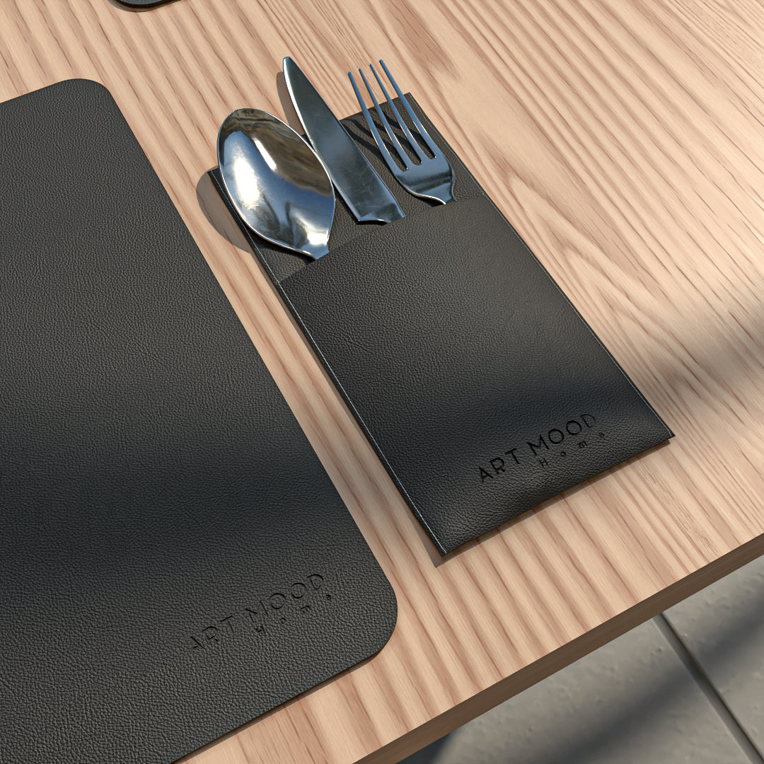 Leather Placemats & Cover holder - Black