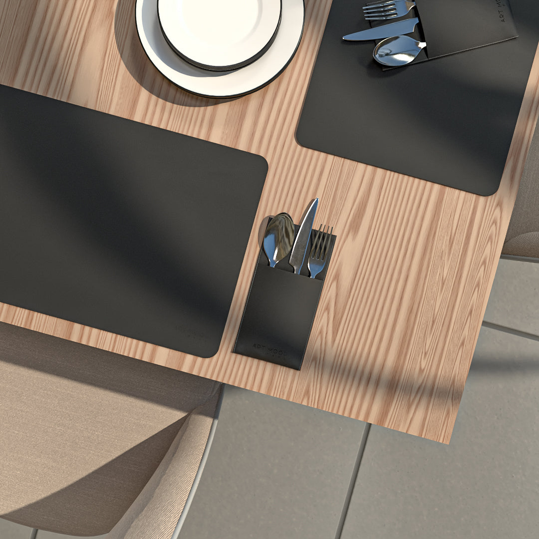 قواعد اطباق من الجلد مع حامل معالق و شوك - اسود