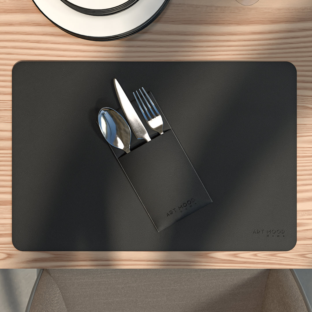 قواعد اطباق من الجلد مع حامل معالق و شوك - اسود