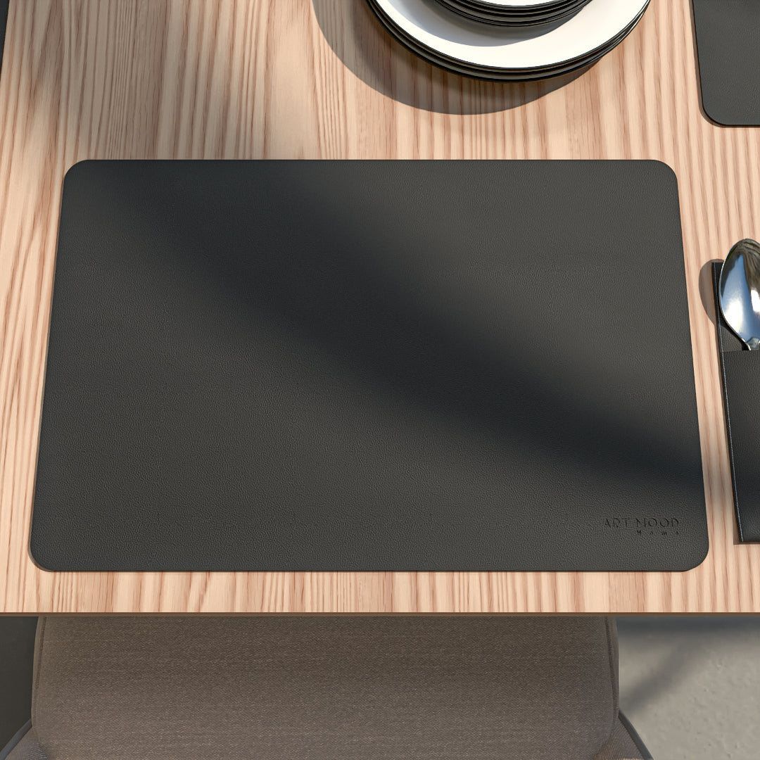 قواعد اطباق من الجلد مع حامل معالق و شوك - اسود