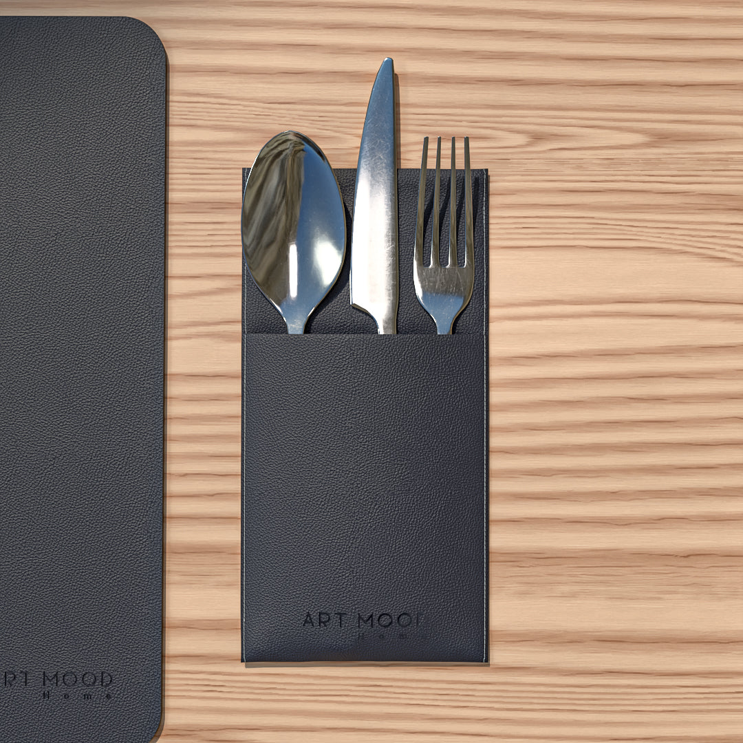 قواعد اطباق من الجلد مع حامل معالق و شوك - كحلي