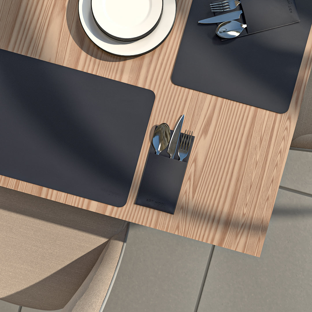 قواعد اطباق من الجلد مع حامل معالق و شوك - كحلي