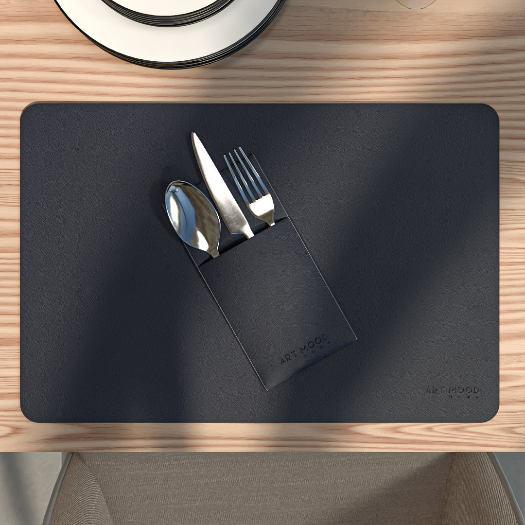 قواعد اطباق من الجلد مع حامل معالق و شوك - كحلي