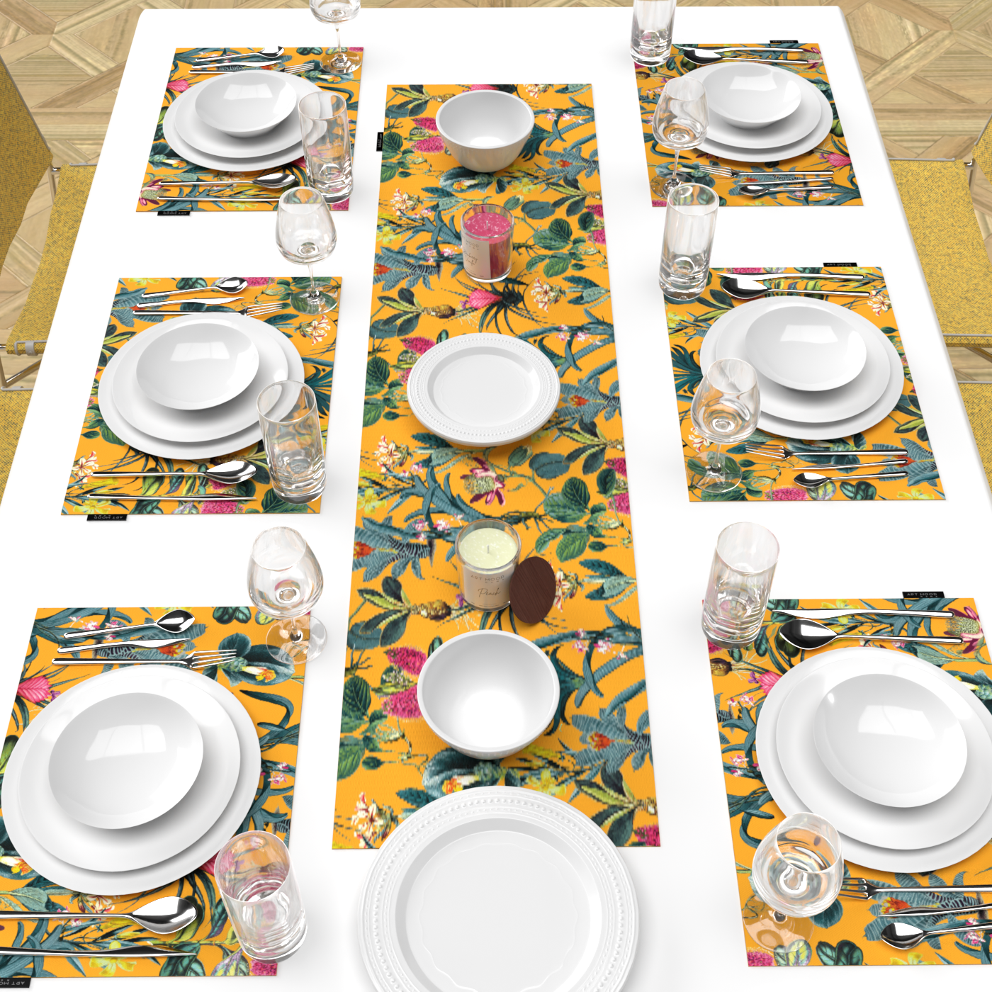 Ensemble de sets de table et chemin de table jaune floral