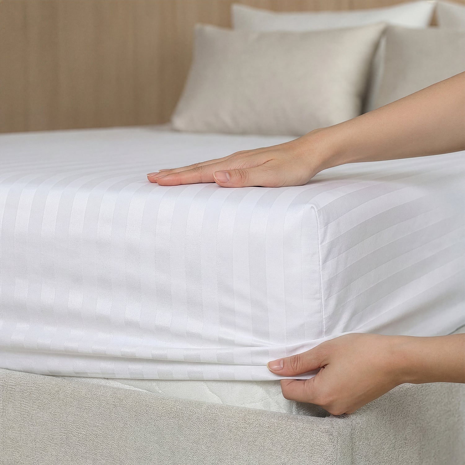 HOTEL BED SHEETS & PILLOW CASE SET - ESSENTIAL SETS - 100% COTTON PREMIUM STRIPED SATEEN - 300 TC