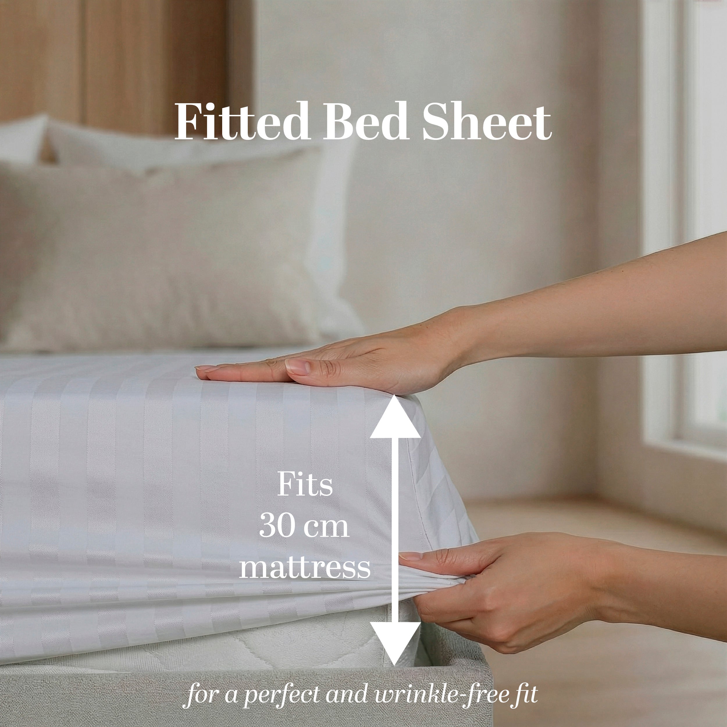 HOTEL BED SHEETS & PILLOW CASE SET - ESSENTIAL SETS - 100% COTTON PREMIUM STRIPED SATEEN - 300 TC