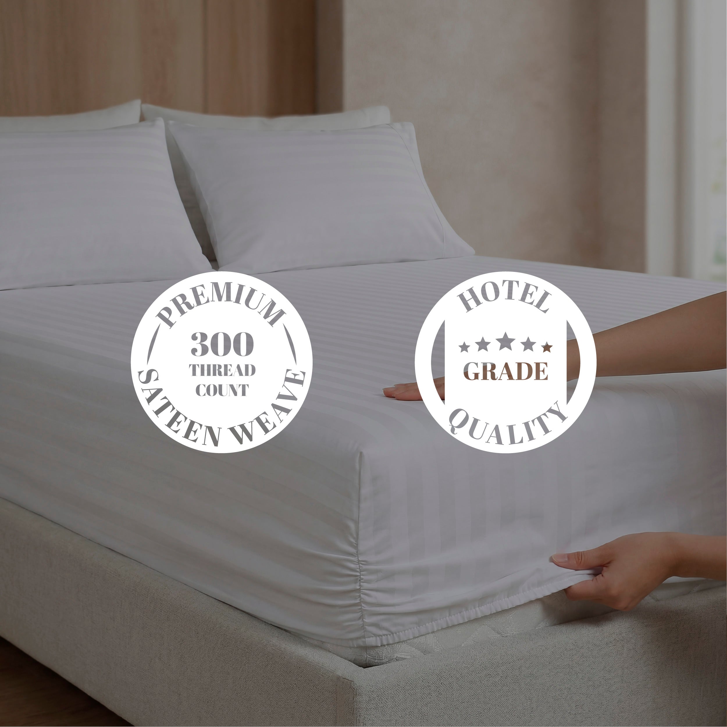 HOTEL BED SHEETS & PILLOW CASE SET - ESSENTIAL SETS - 100% COTTON PREMIUM STRIPED SATEEN - 300 TC