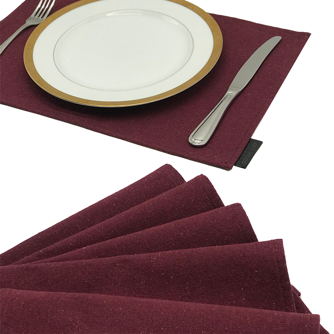 Ensemble de sets de table et chemin de table en coton - Rouge foncé