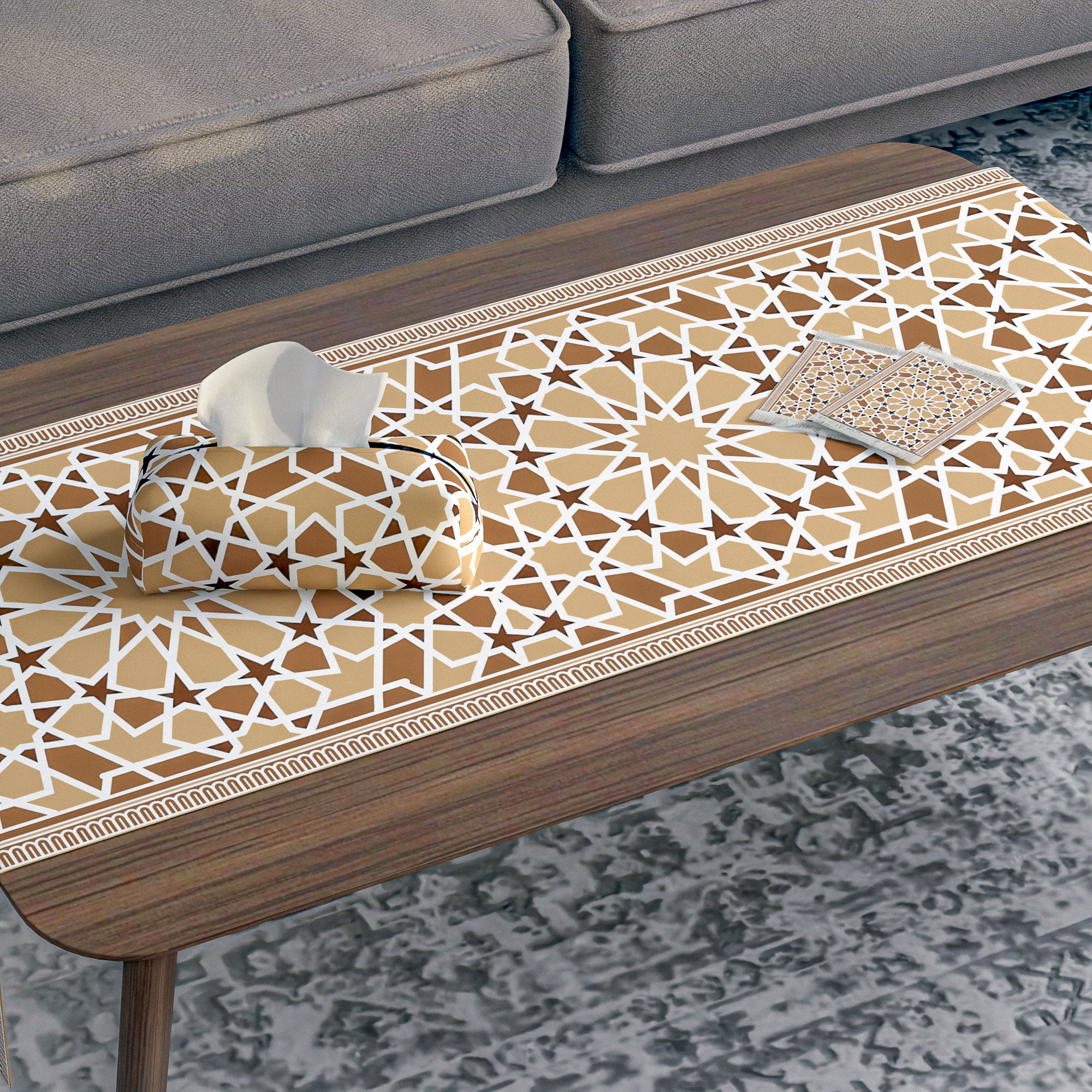 Asala ( Runner + 2 Cushion Cover + 4 Coasters + 3 Fabric Posters + Tissue Box) Bundle