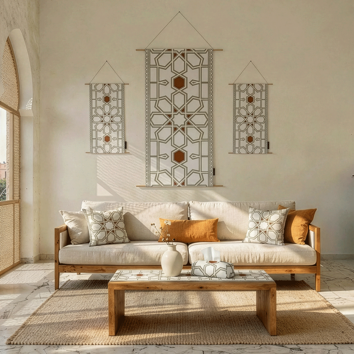 Nijma ( Runner + 2 Cushion Cover + 4 Coasters + 3 Fabric Posters + Tissue Box) Bundle