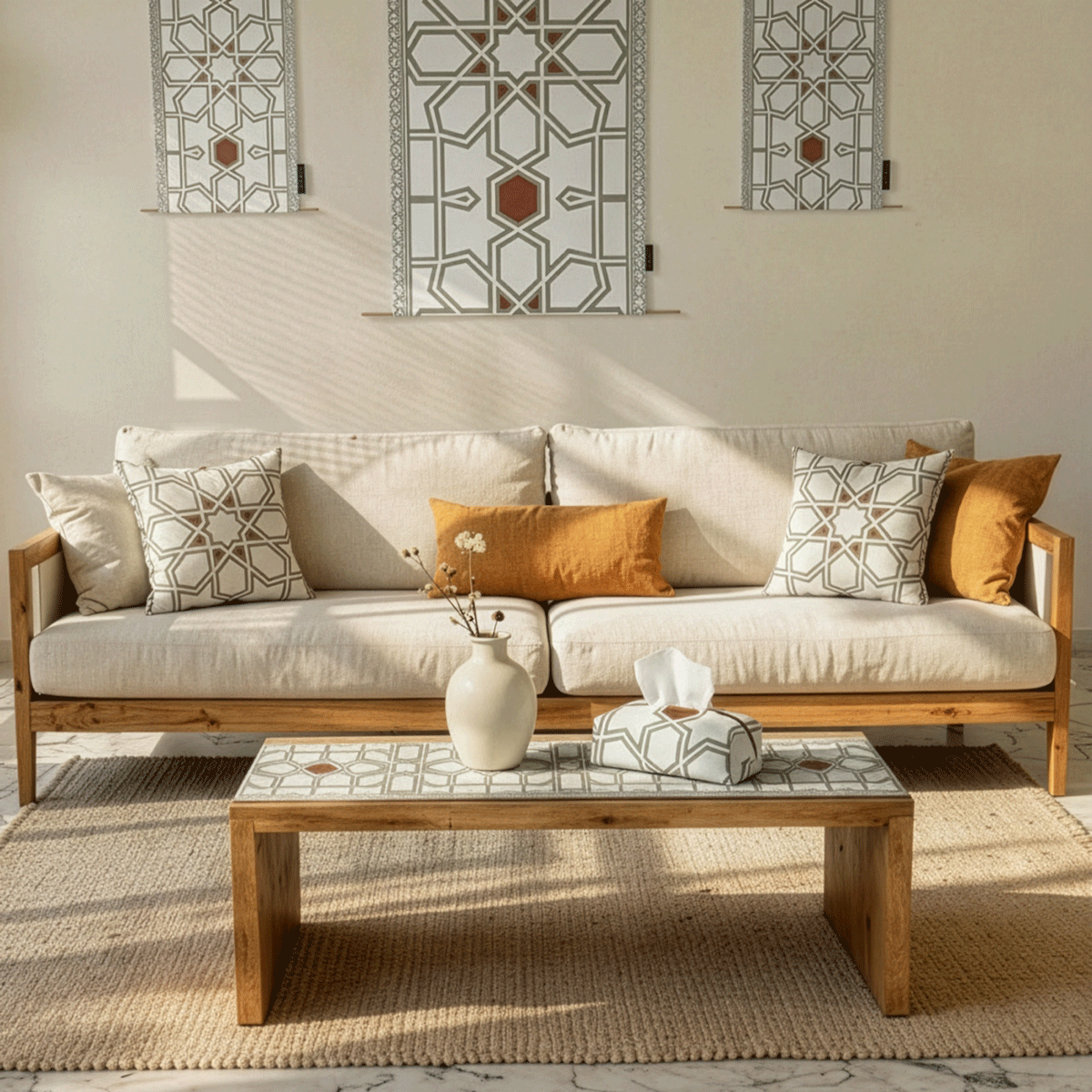 Nijma ( Runner + 2 Cushion Cover + 4 Coasters + 3 Fabric Posters + Tissue Box) Bundle