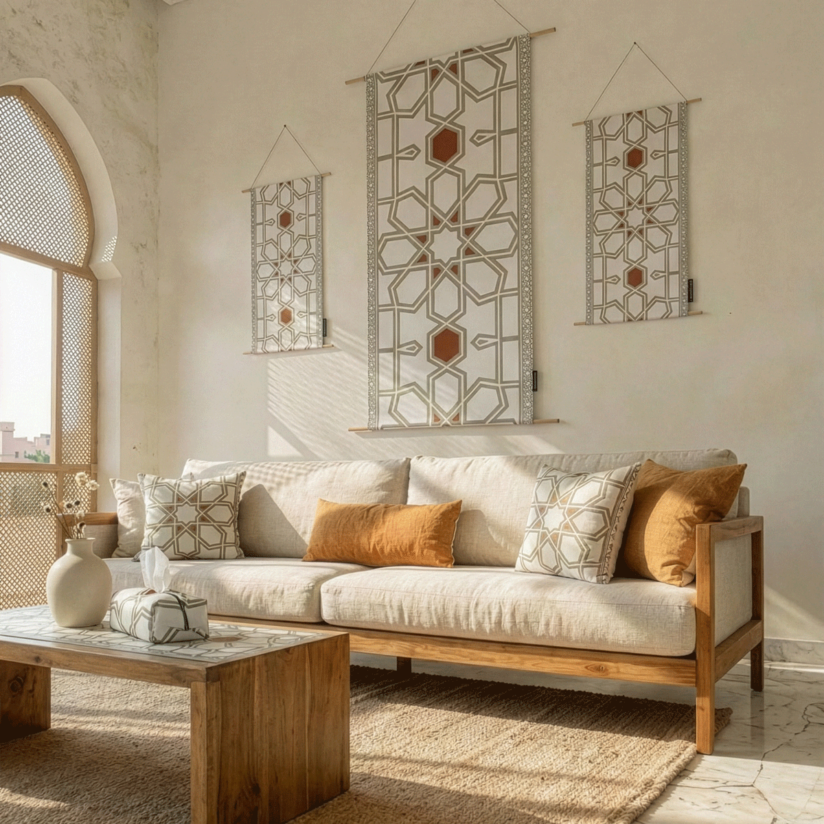 Nijma ( Runner + 2 Cushion Cover + 4 Coasters + 3 Fabric Posters + Tissue Box) Bundle