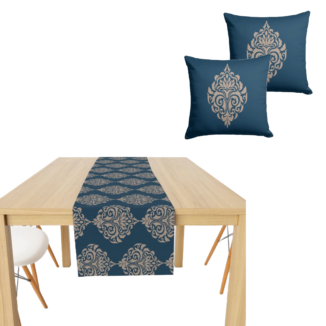 Damask Blue ( Cushion Cover + Runner ) Bundle