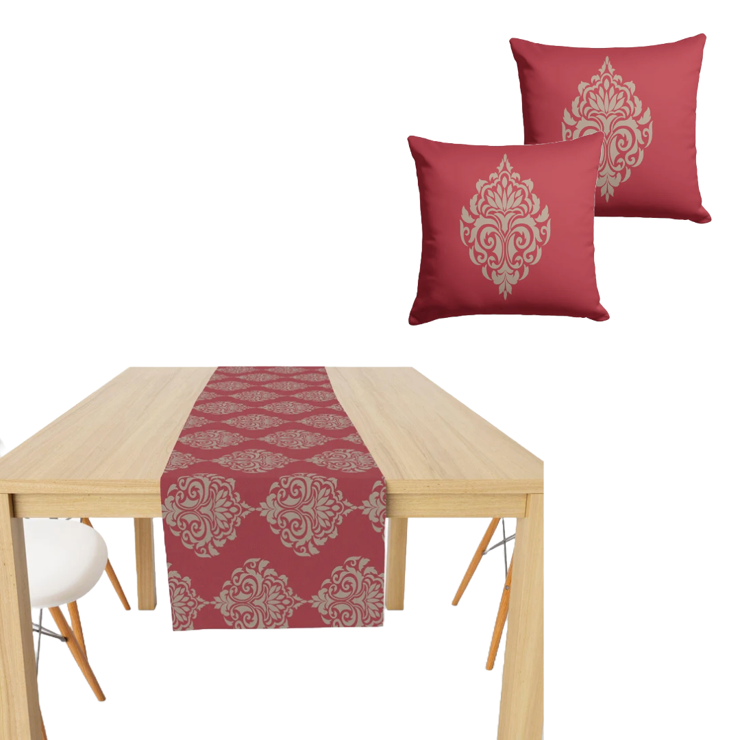 Damask Red ( Cushion Cover + Runner ) Bundle