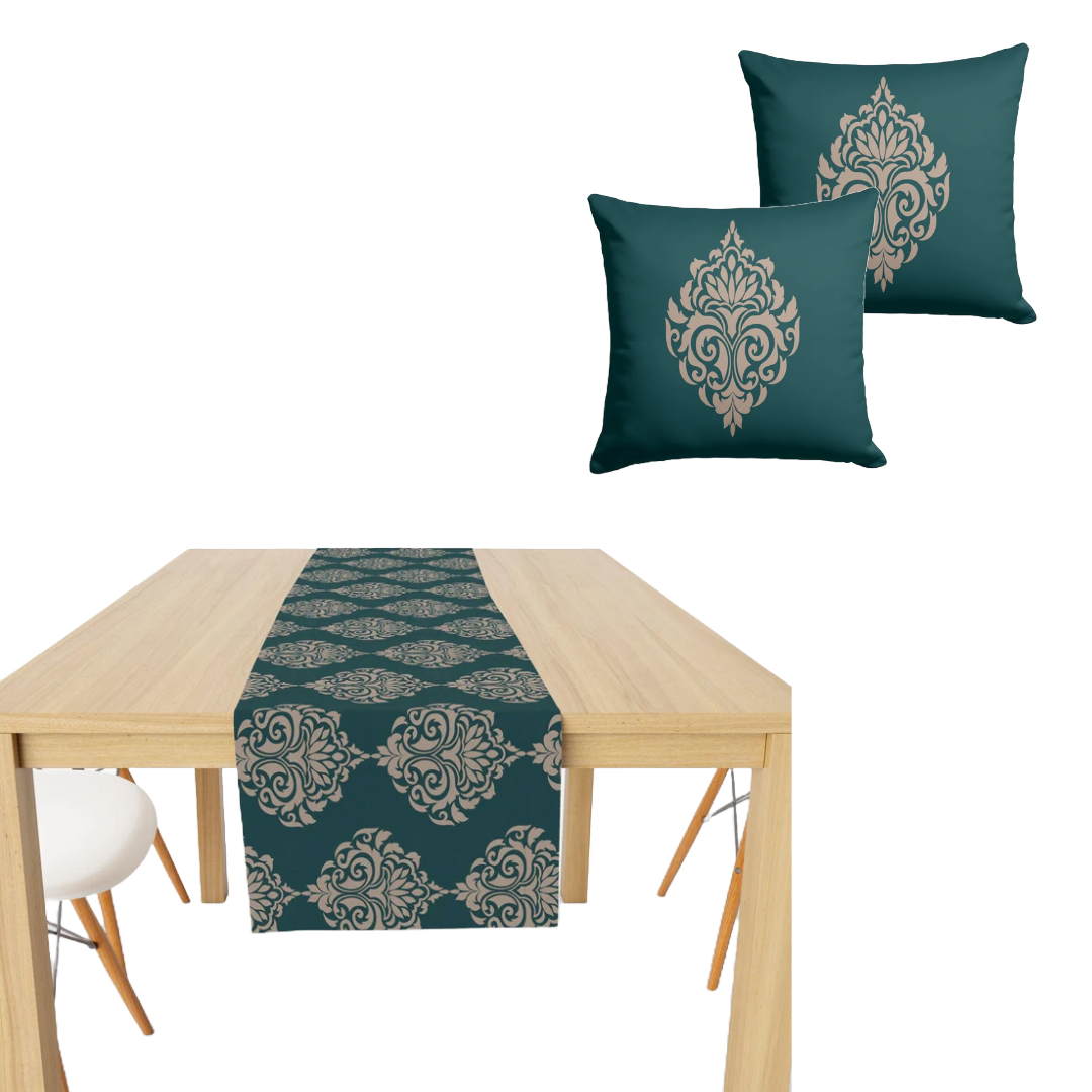 Damask Green ( Cushion Cover + Runner ) Bundle