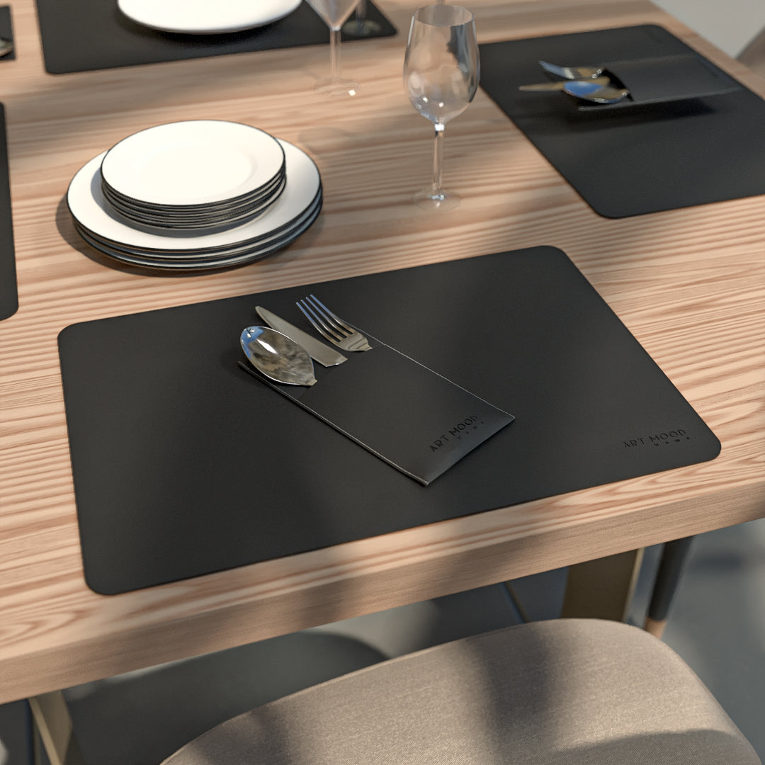 Leather Placemats & Cover holder - Black