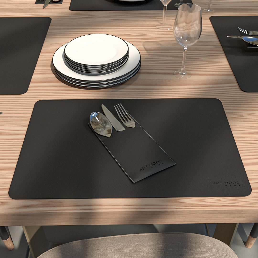 Sets de table et porte-couvercles en cuir - Noir